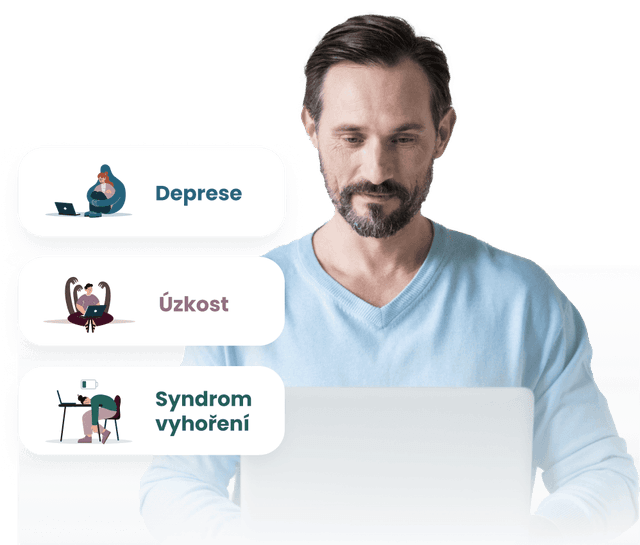 Pán na notebooku vyplňuje screeningový dotazník Mindwell