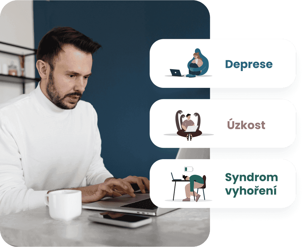 Muž před počítačem a obrázky s depresí, úzkostí a stresem