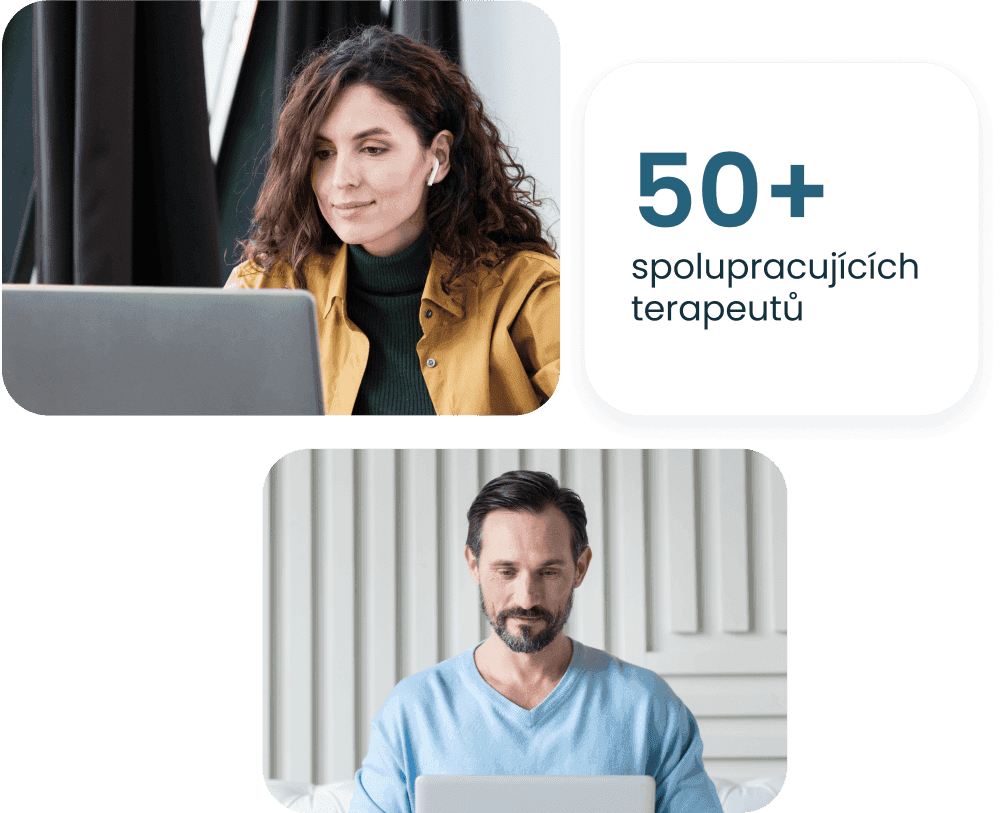 Žena před počítačem a muž před počítačem